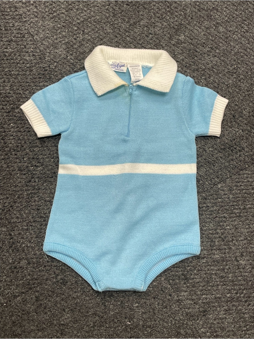 Vintage A Little Angel 1970s Baby boys one piece romper blue white knit 12 month